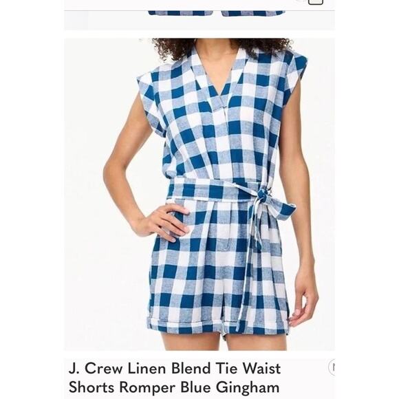 J. Crew Womens 16 tie-waist linen romper plaid. MISSING TIE(can Use Belt) - Picture 1 of 8